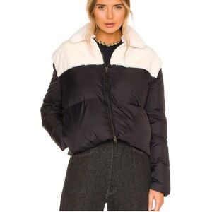 Central Park West Knox Puffer Jacket in black and ivory faux fur